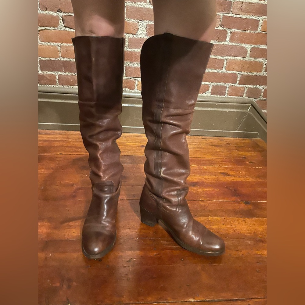 Frye brown leather knee high slouchy boots